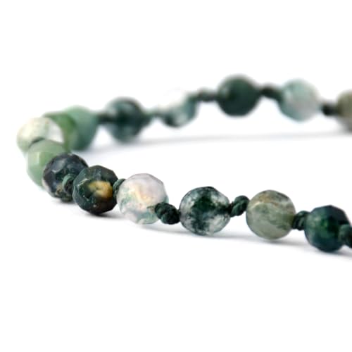 Natural Faceted Gemstone Bead Bracelet, Adjustable Waterproof Wax Cord, Hand-Knotted Design - color: Moss Agate