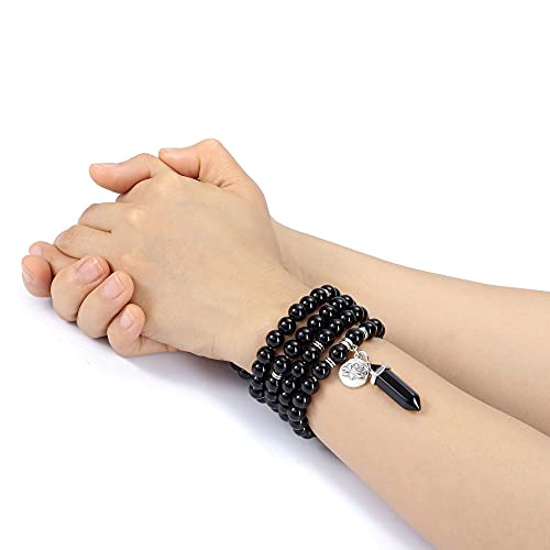 Jovivi 108 Mala Beads Bracelet 8mm Natural Amethyst Rose Quartz Healing Crystal Stone Mala Prayer Bead Necklace Hexagonal Prism Gemstone Reiki Pointed Pendant for Yoga Meditation Energy Balancing - color: Black Obsidian Crystal
