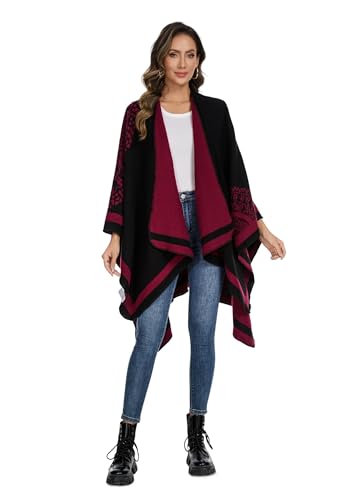 Shawl Wraps for Women, Elegant Knitted Cape Open Front Poncho Scarf Blanket Cardigan Coat for Spring, Autumn, and Winter - color: Black Red