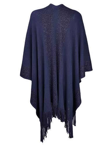 ZLYC Women's Shawl Golden Trim Knit Blanket Wrap Fringe Poncho Coat Cardigan - color: Navy