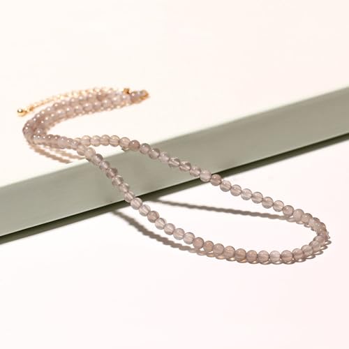 Simple Choker Necklace for Women Real Stone and Crystals Necklaces 4mm Beaded Choker Jewelry Meditation Gift for Women (16"+2") - style: Grey Agate