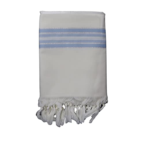 100% Wool Kosher Mehudar Badats Traditional Tallit Prayer Shawl, Tallit with a super elegant look - color: With Sky Blue Stripes, size: Size 60 - 75 X 55 Inch