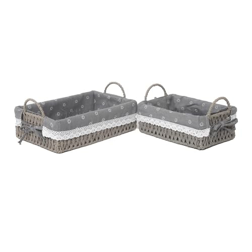 Paper Rope Basket for Organizer on Shelves,Set of 2 Handmade Grey Woven Rectangle Storage Basket Set with Handles and Removable Liners,Ideal for Cosmetics, Toys, Snacks