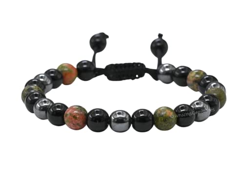 Amazing Gemstone Health Bracelet - Unakite Black Obsidian Hematite Bracelet Set for Men Women Healing Calming Anxiety Stress Relief Gifts Pulseras Para Hombres Mujer Stocking Stuffers (Adjustable) - color: Health
