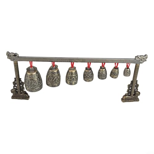 Antique Chinese Percussion Chime Instrument, Chinese Musical Bronze Meditation Percussion instrument with 7 Decorated Bell for Home or Office Decoration and Gift-