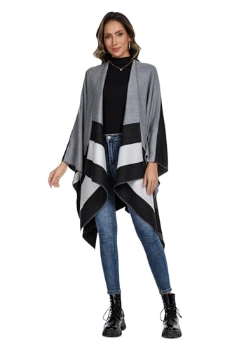 Shawl Wraps for Women, Elegant Knitted Cape Open Front Poncho Scarf Blanket Cardigan Coat for Spring, Autumn, and Winter - color: Gray Black White