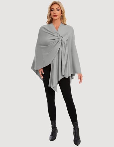 PULI Womens Elegant Cross Front Shawl Wraps Knitted Ponchos Cape Light Weight Poncho Sweater Soft Warm Travel Wraps - color: Grey