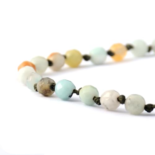 Natural Faceted Gemstone Bead Bracelet, Adjustable Waterproof Wax Cord, Hand-Knotted Design - color: Amazonite