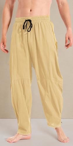 Men's Casual Cotton Linen Pants Elastic Waist Drawstring Beach Summer Lightweight Trousers - color: Khaki, size: 30