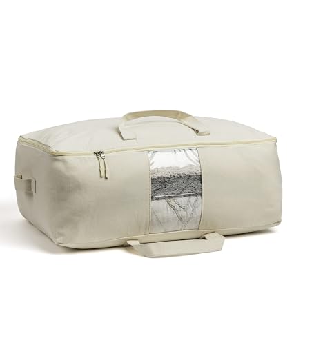 Soft Canvas Storage Bags with Zipper. Thick Breathable, 1pc King/Queen Comforter Organizer. Four Carrying Handles and Window. Large 25x19x9in Bag for Sheets Blankets Bedding Pillows, Clothes