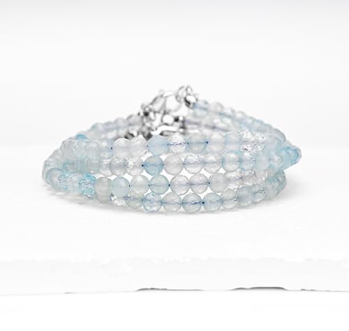 Crystal Bracelet for Women, Natural 4mm Faceted Beads Adjustable Bracelet, Small Beaded Healing Gemstone Bracelet - color: Aquamarine