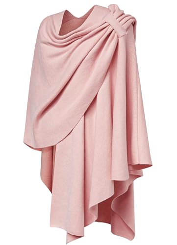 PULI Womens Large Cross Front Poncho Sweater Wrap Topper Knitted Elegant Shawls Cape for Fall Winter - color: 1-pink