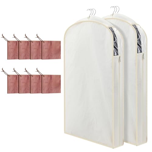 Briwooody 2 Sets 40 Inch Linen Fabric Bags for Hanging Clothes and Storage with Cedar Blocks for Fresh Smell and Moth Protection Sandpaper for Suit Fur Coat Jacket Sweater(Beige)