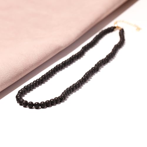 Simple Choker Necklace for Women Real Stone and Crystals Necklaces 4mm Beaded Choker Jewelry Meditation Gift for Women (16"+2") - style: Lava Stone