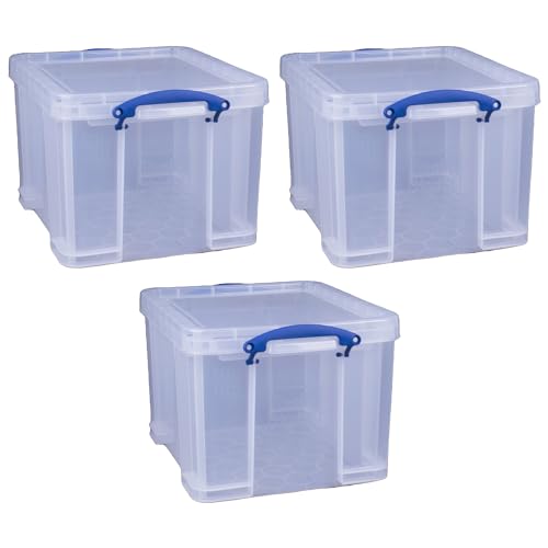 Really Useful Box 3-Pack Clear Stackable Storage Containers with Snap Lids, 32 Liters - Plastic Organizer Bins with Clip-Lock Handles for Home, Bedroom, Closet, Bathroom, Garage, and Office