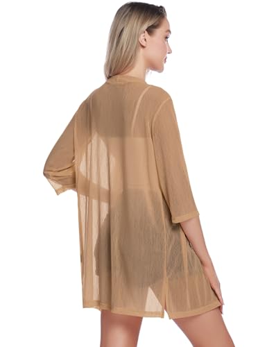 iClosam Women Casual 3/4 Sleeve Sheer Open Front Cardigan Sweater Kimono - color: Khaki, size: Small