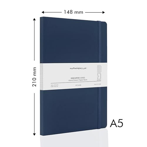 myPAPERCLIP Executive Series A5 Checks/Square Grid Notebook | 192 Pages, 80 GSM, Soft Cover, A5 (5.83 x 8.27 in) | Flat Lay | Bookmark, Elastic Closure & Back Pocket | Blue - color: Blue, size: A5, Checks