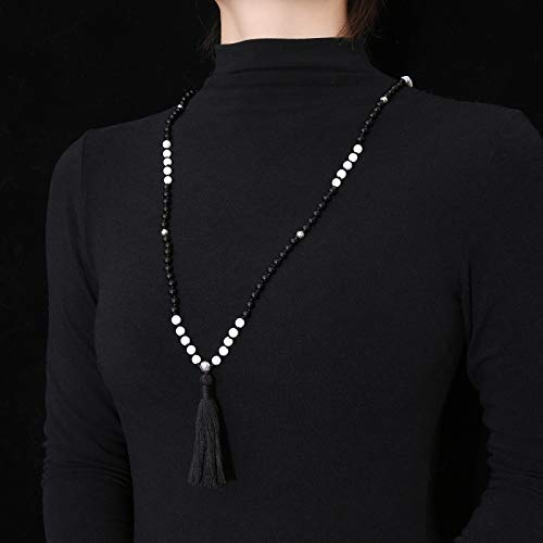 LIUANAN 108 Mala Beads 8mm Natural Bracelet Healing Gemstone Yoga Meditation Hand Knotted Mala Prayer Bead Necklace - color: 6mm-Black+White Natural Turquoise