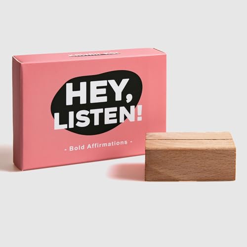 Hey Listen Affirmation Cards, 53 Daily Positive Motivational Cards with Wooden Stand, Boost Confidence, Achieve Goals, Mindfulness Inspirational Meditation Cards, Self-Care, Funny Gifts