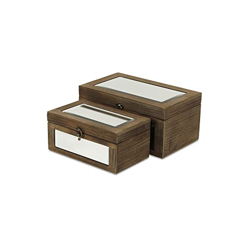 Set of 2 Brown Mirrored Wood Storage Box, 11.75" L x 7" W x 5.5" H
