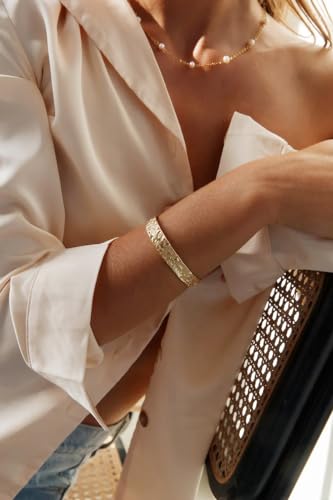 POTESSA 18K Gold Plated Cuff Bracelets Adjustable Dainty Bangle Handemade Jewelry for Women - style: Hammered