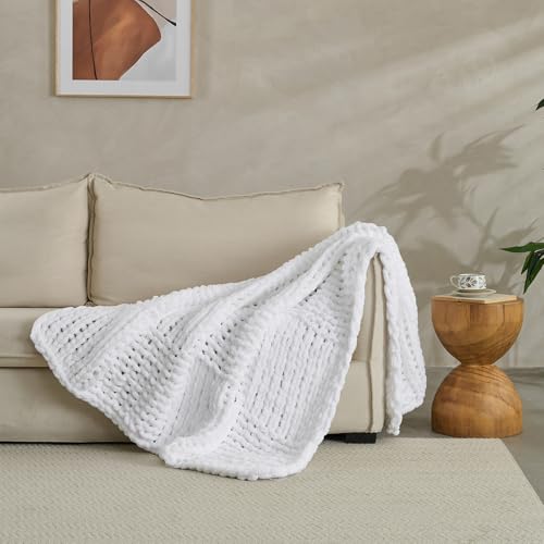 Soft Knitted Throw Blanket - 50x60 Inch Cozy & Lightweight All-Season Blanket, Wrinkle-Resistant Polyester for Couch, Bed, Sofa, Reading Nook (White) - color: White