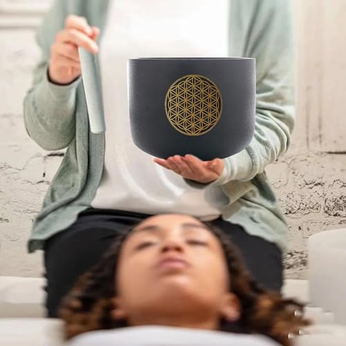 12" C Note Life of Flower Black Crystal Singing Bowl Base Root Chakra Quartz Singing Bowl Meditation Sound Healing with Suede Striker O-ring - size: 12 inch C NOTE