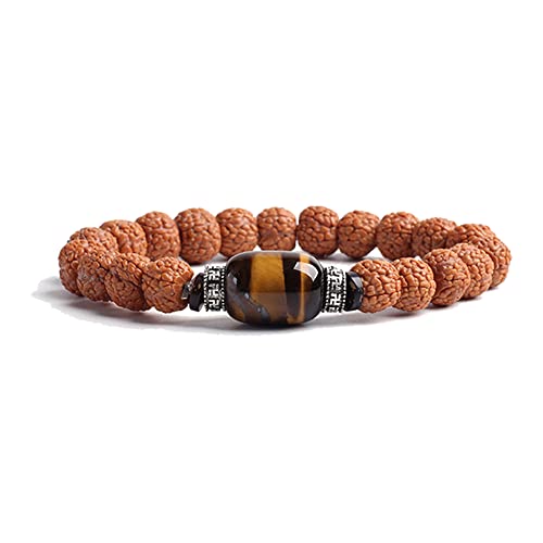 COLORFUL BLING Natural Stone Tibetan Mala Rudraksha Seeds Bracelet for Meditation Beads Prayer Charm Wrist Bracelets Buddha Prayer Yoga Mediation Jewelry - color: tiger eye