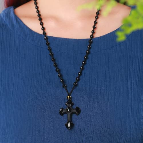 Black Obsidian Necklace Protection Pendant with Extended Bead Chain Healing Crystal Stone Amulet Necklace for Men Women - color: CrossA