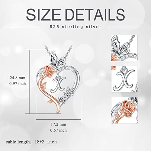 TOUPOP Gifts for Women Her 925 Sterling Silver Rose Heart Initial Necklace Butterfly Heart Jewelry Anniversary Birthday Gifts for Wife Girlfriend Mom - color: X Initial