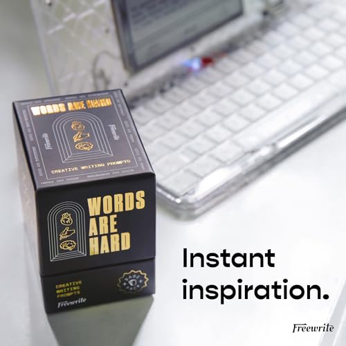 Freewrite Words are Hard Writing Prompt Deck | 150 Creative Writing Prompts for 8 Genres | Gifts for Writers with Inspiring Illustrations | Storytelling Cards with a Custom Wooden Stand