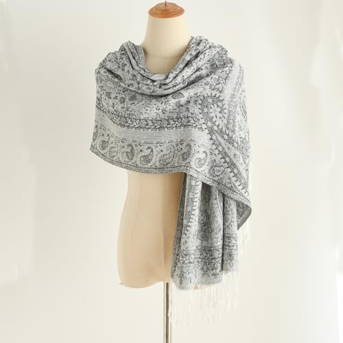 Paisley Pashmina Rave Shawl Scarf-Women's Reversible Ethnic Jacquard Pashmina Wraps for Travel - color: C#.silver White