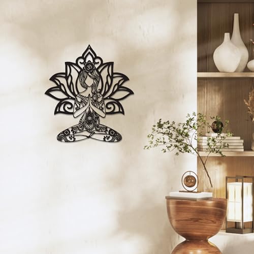 Rajukit Zen Wall Art–Meditating Girl & Lotus Metal Wall Decor–Serene Meditation & Yoga Room Decor for Mindful Spaces