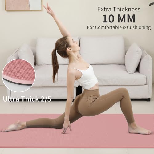PAIDU Yoga Mat Non Slip Anti-tear,extra thick-2/5 inch(10MM)High Resiliency Professional POE Yoga Mats for Women Men Kids,72"x24"inch,Workout, Yoga, Pilates and Floor Exercise, with Carrier Strap - color: Pink + black