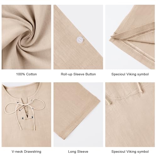 Men's Fashion Cotton Linen Shirt Long Sleeve Solid Color Ethnic Beach Yoga Top - color: Solid Khaki, size: X-Large