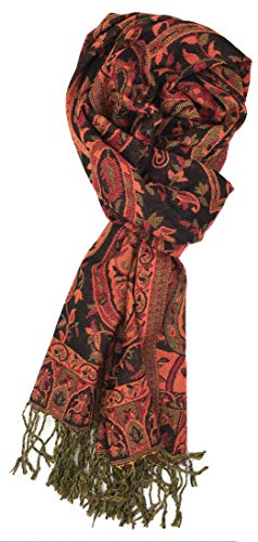 Plum Feathers Tapestry Ethnic Paisley Pattern Pashmina Shawl Scarf, Womens Pashmina Shawl Wrap with Fringes - color: Black-red Tapestry