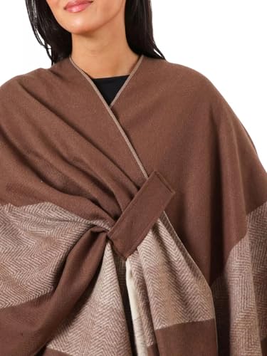 Women's Elegant Shawl Wraps, Soft Open Front Poncho Cape, Reversible Casual Cardigan Shawls for Gift Travel - color: Brown-white
