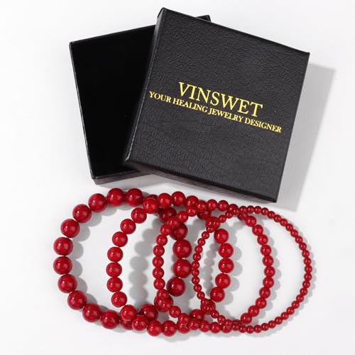 4pcs Beaded Bracelets for Women,Natural Healing Crystal Gemstones Bracelet,Anxiety Stress Relief Bracelet Handmade purple Jewelry Gifts for Women - color: Red agate