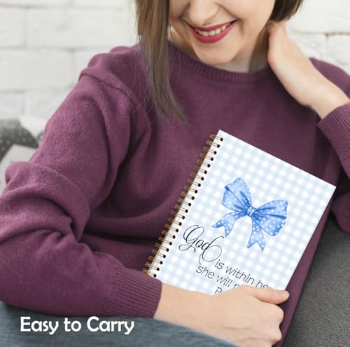XUNLURY Blue Coquette Bow Christian Notebook, God Is Within Her She Will Not Fall Bible Journal, Preppy Blue Plaid Christian Journal for Women, Bible Study Hardcover Spiral Notebooks, 5.5x8.3 Inch - color: Color_D