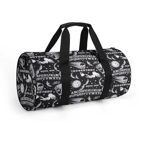 Skull Moon Sun Gothic Witch Board Seamless Black Cylindrical Portable Fitness Bag, Large Capacity Handbag - color: skull moon sun Gothic Witch Board Seamless bl