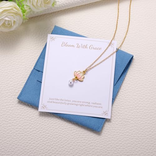 Lotus Flower Necklace for Women, Gold Chain with Lotus Pearl Pendant Meditation Yoga Relaxation Jewelry Gift - style: Pink-Lotus Gold
