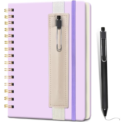 Lined Spiral Journal for Women, 160 Pages, Girls Notebook for Writing, A5 Travel Kid Diary with Pen Holder & Pen, Purple Hardcover, 5.7"x 8.27"