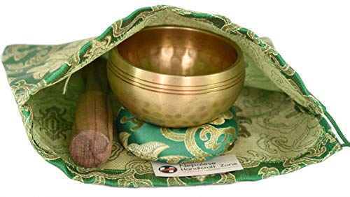 NHZ Meditation Yoga Singing Bowl Set With Mallet, Cushion & Brocade Bag - For Meditation, Chakra Healing, Prayer,Yoga, and Mindfulness (3 Inch Green) - color: Green