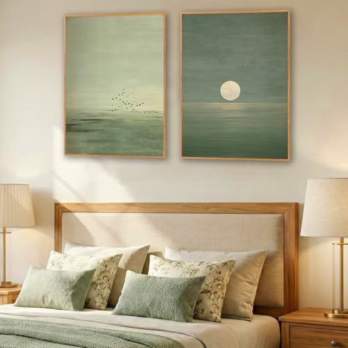 Japanese Sage Green Wall Art 2Pcs Minimalist Moon and Bird Canvas Posters Prints for Living Room Bedroom Office Zen Home Decoration 12X16in Unframed