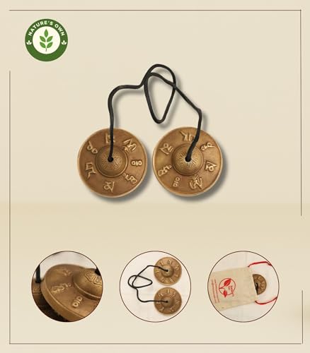 Tibetan Tingsha Cymbals Meditation Chime Bells, 6.3 cm with Tibetan Cloth Bag, Embossed Om Mani Padme Hum Symbols, Traditional Percussion Instrument for Meditation, Yoga, and Sound Healing - color: OM Mane Padme Hum Symbols