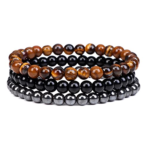 2Pcs Matte Lava Rock Volcanic Stone Beads Stretch Bracelet Stacking Frosted Gemstone Turquoise Seed Bracelet for Men Women Couple Stress Relief Aromatherapy Jewelry Gift - color: I tiger eye