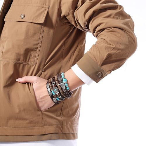 MILAKOO Mens Beaded Bracelets Tribal Wooden Elastic Adjustable Prayer Beads Wrap Cuff for Women - color: R: 5pcs