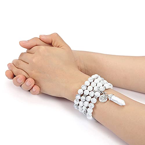 Jovivi 108 Mala Beads Bracelet 8mm Natural Amethyst Rose Quartz Healing Crystal Stone Mala Prayer Bead Necklace Hexagonal Prism Gemstone Reiki Pointed Pendant for Yoga Meditation Energy Balancing - color: White Turquoise Crystal