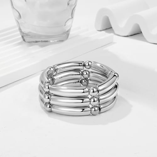 Gold Chunky Bangles Bracelets For Women 14k Gold Plated Stack Layered Curved Bamboo Tube Stretch Bracelets Gift Jewelry - color: 3pcs Silver-8mm