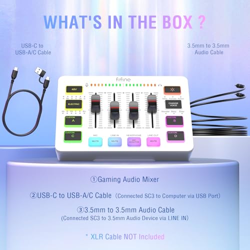 FIFINE Audio Mixer, Gaming Streaming PC Mixer with Slider Fader, XLR Microphone Interface, Monitoring, for Video/Game Voice/Podcast Recording-AmpliGame SC3W